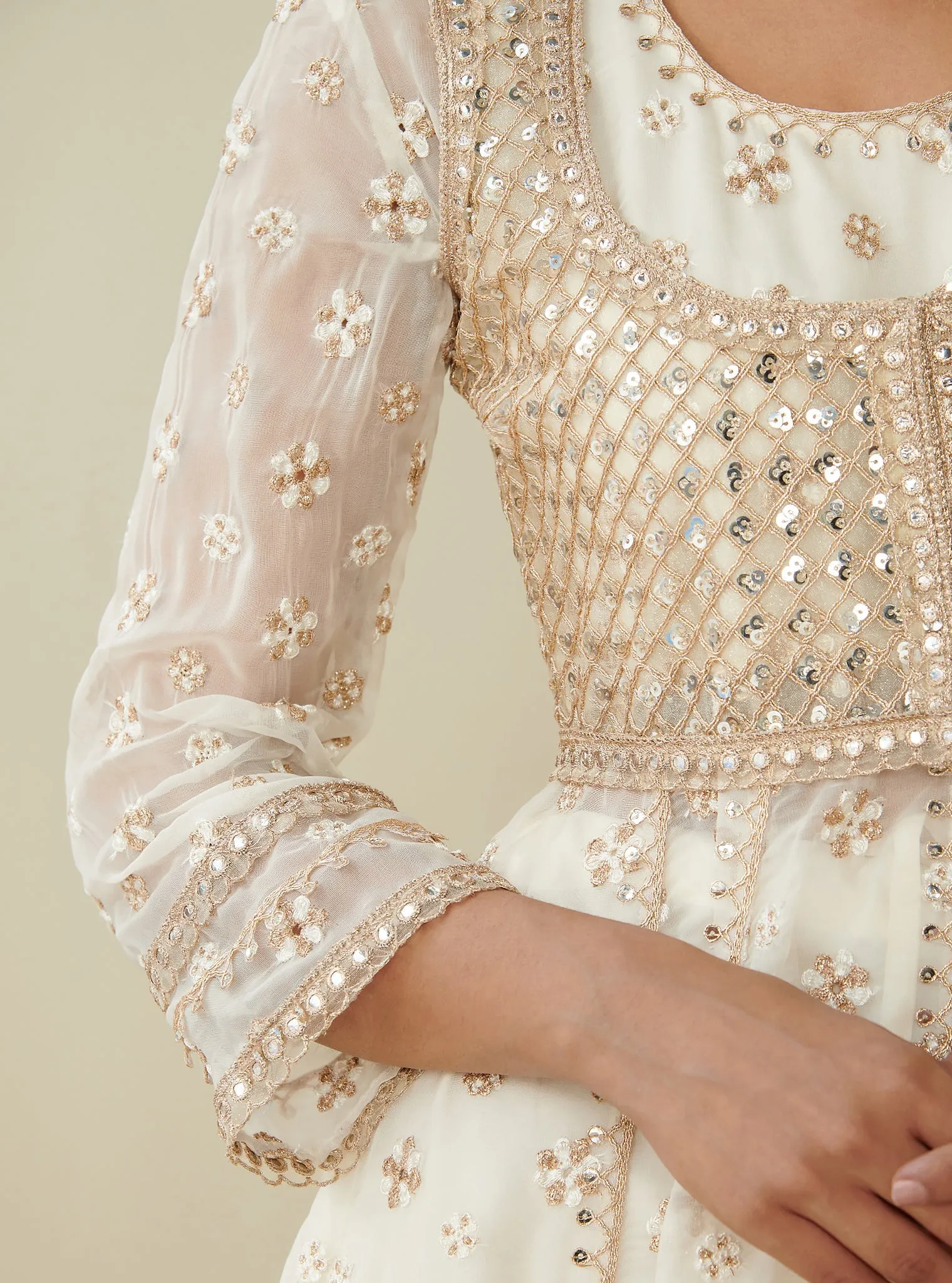 Mulmul Organza Malang Anarkali Off White Kurta With Jacket With Mulmul Pima Malang Off White Churidar Pant