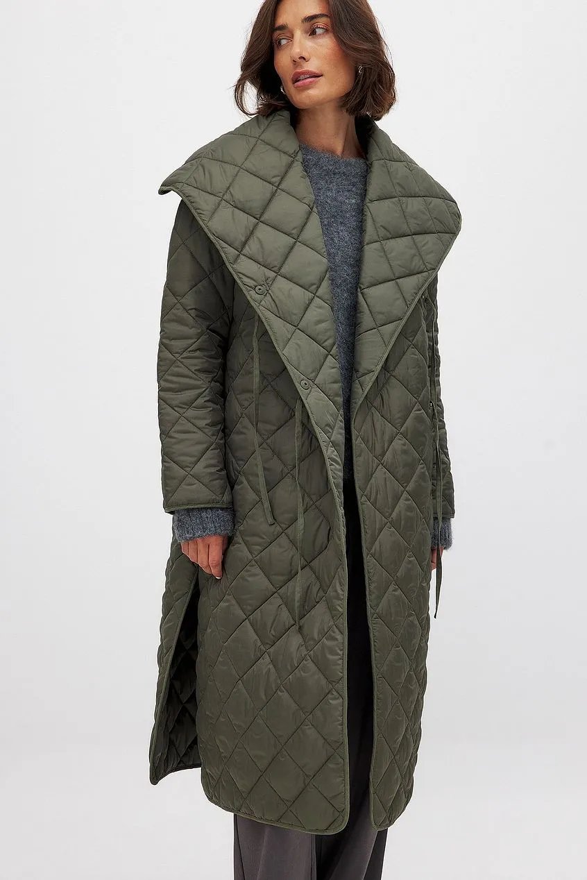 NA-KD Quilted Long Coat - Dark Green