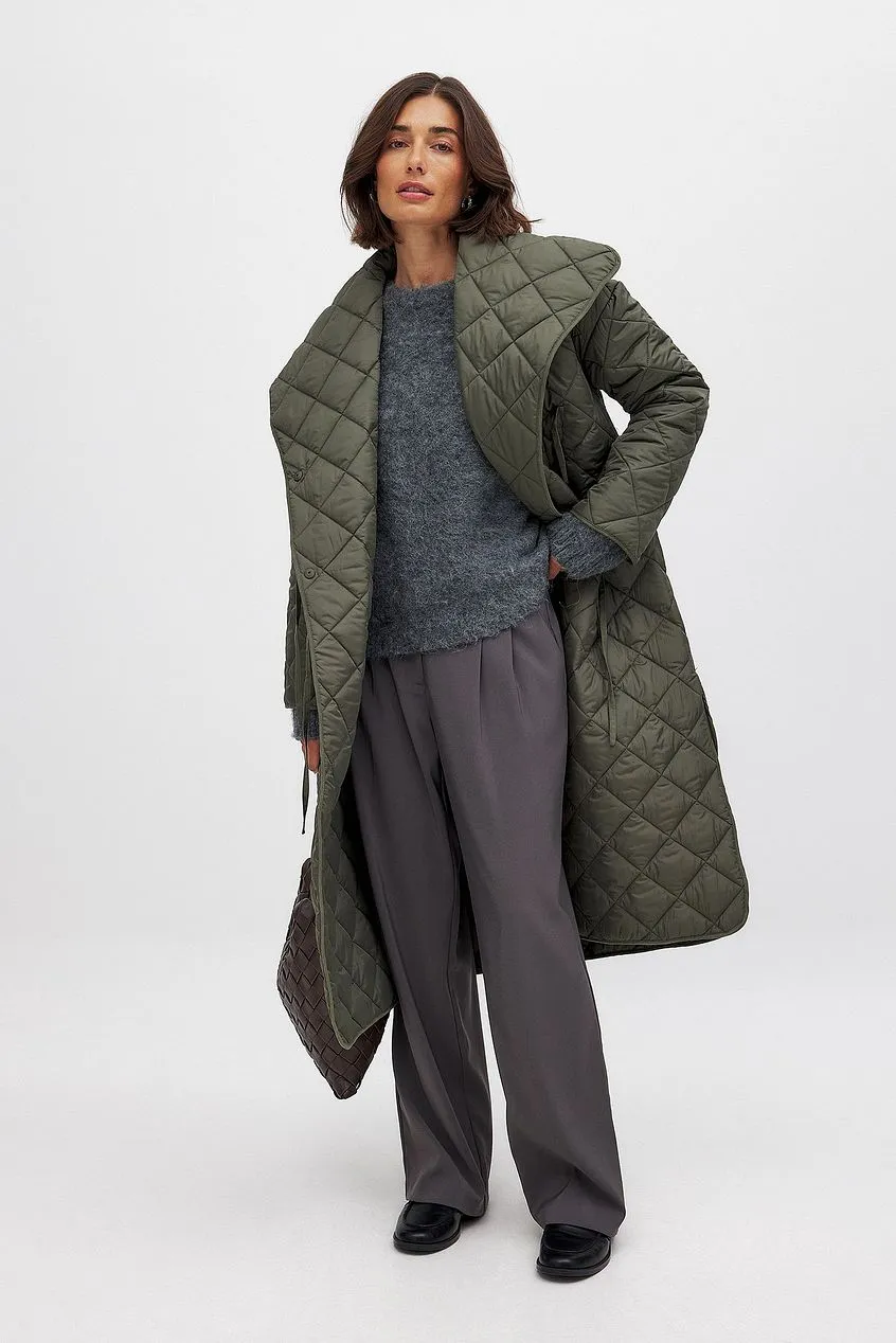 NA-KD Quilted Long Coat - Dark Green