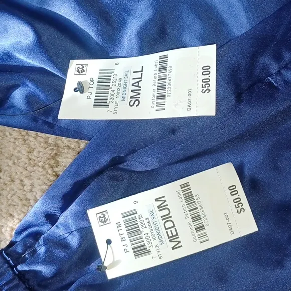 Navy Blue Satin Pajama Set with pockets small top and medium pants new with tags