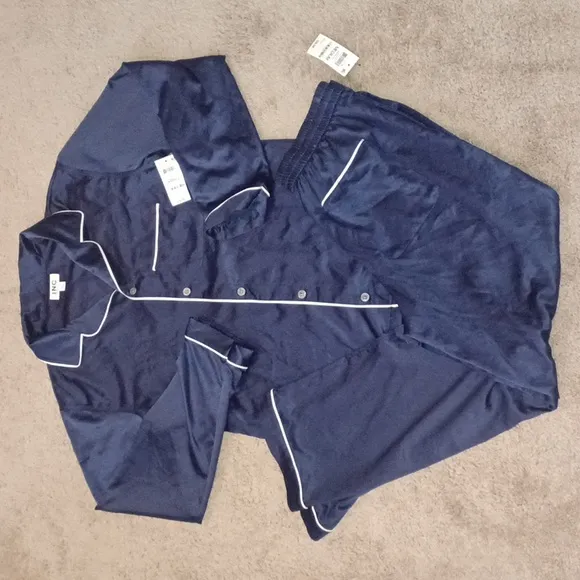 Navy Blue Satin Pajama Set with pockets small top and medium pants new with tags