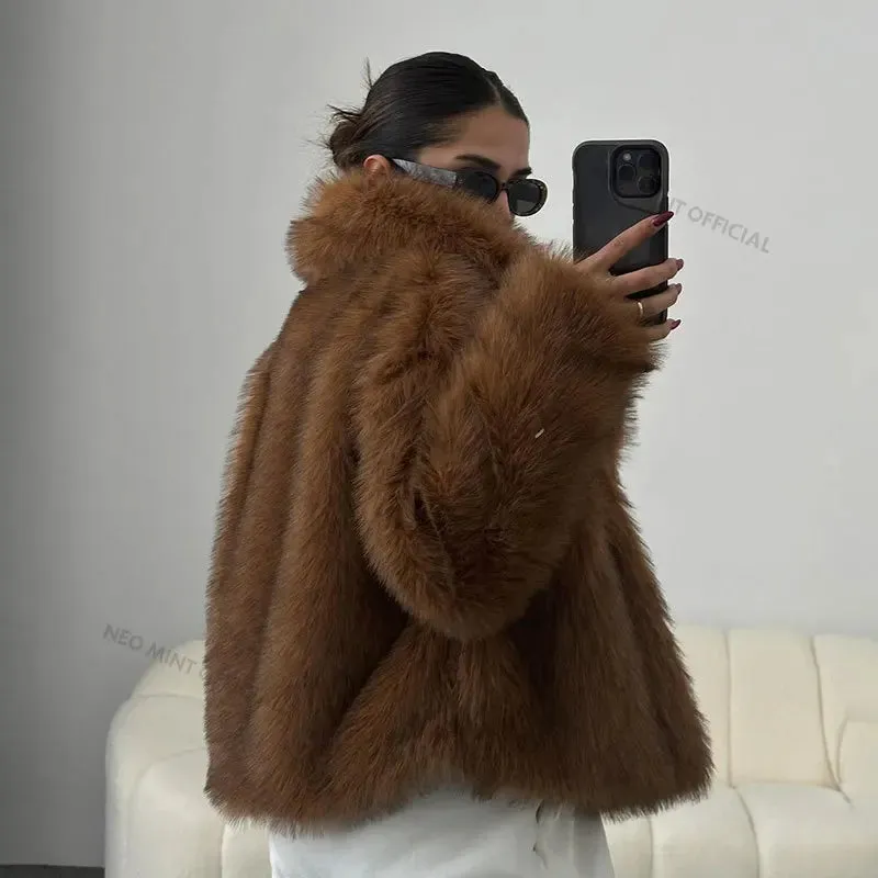 Neo Mint 2024 Winter Iconic Blogger Fashion Fluffy Square Collar Faux Fur Coat Women Ins Hot Chic Girls Fox Fur Jacket Outerwear