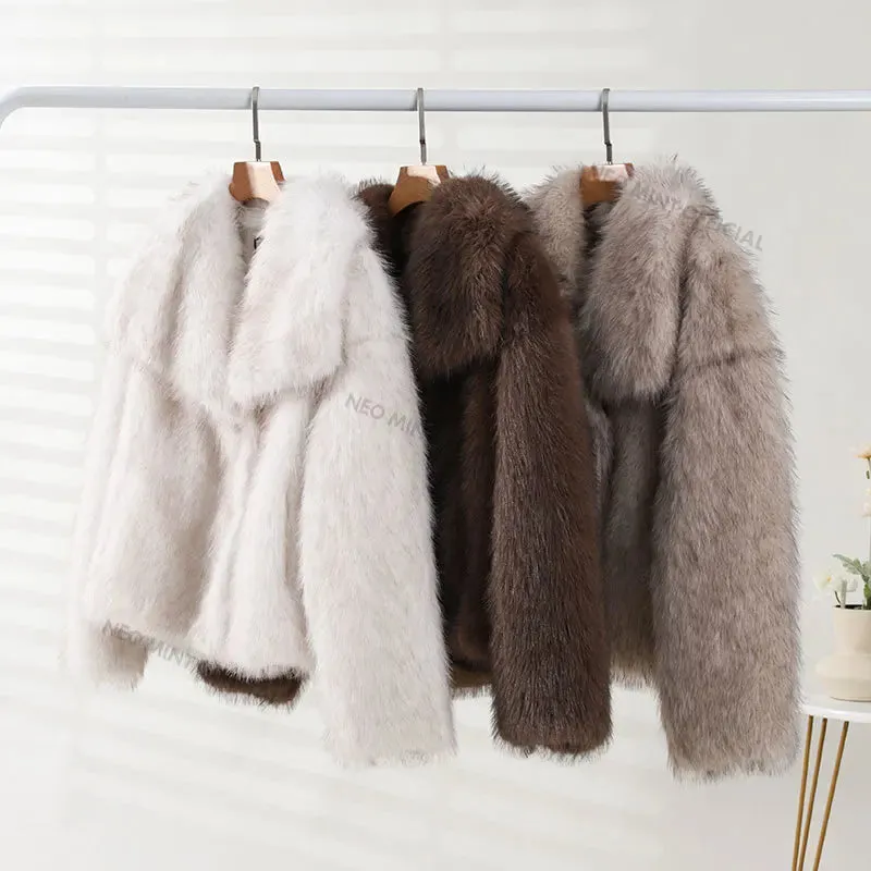 Neo Mint 2024 Winter Iconic Blogger Fashion Fluffy Square Collar Faux Fur Coat Women Ins Hot Chic Girls Fox Fur Jacket Outerwear