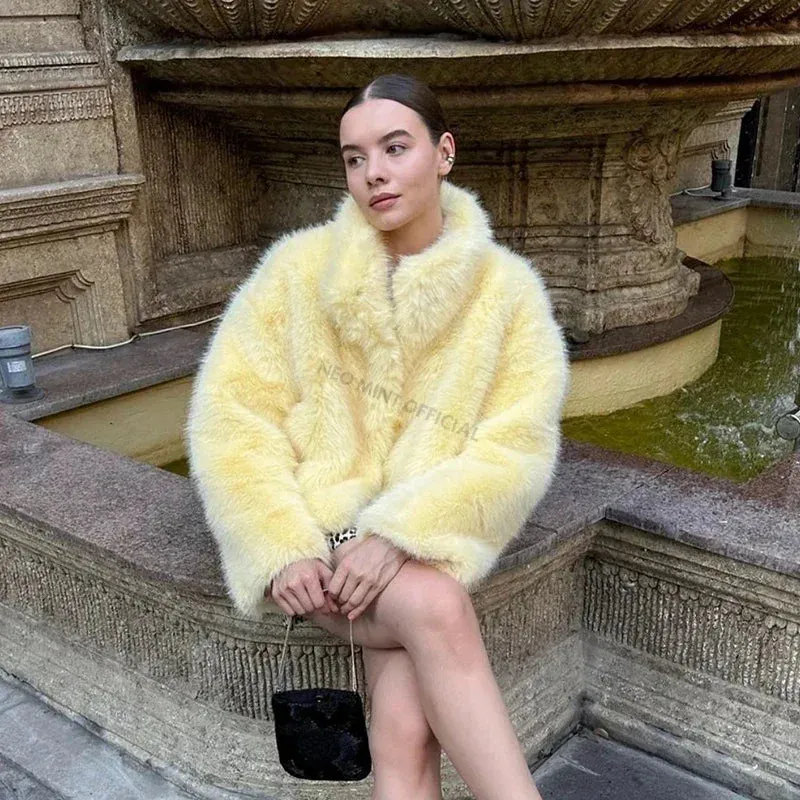 Neo Mint 2024 Winter Women Yellow Faux Fur Jacket Chic Girls Fashion Streetwear Thicken Warm Stand Collar Fox Fur Coat Outerwear