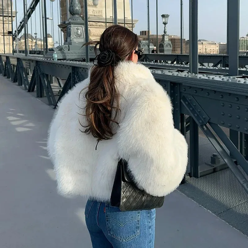 Neo Mint 2024 Winter Women Yellow Faux Fur Jacket Chic Girls Fashion Streetwear Thicken Warm Stand Collar Fox Fur Coat Outerwear