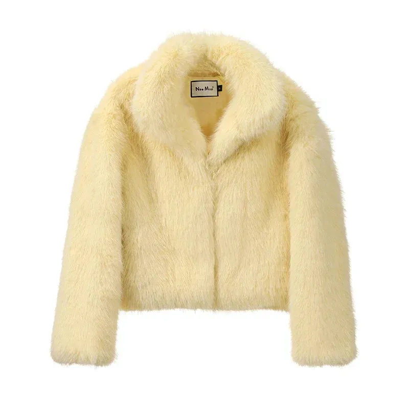 Neo Mint 2024 Winter Women Yellow Faux Fur Jacket Chic Girls Fashion Streetwear Thicken Warm Stand Collar Fox Fur Coat Outerwear