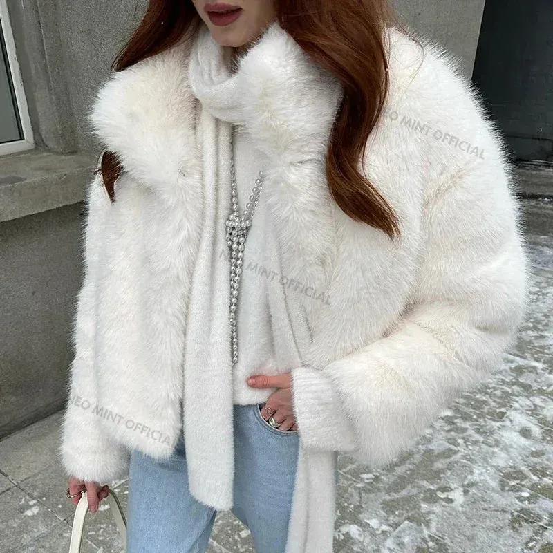 Neo Mint 2024 Winter Women Yellow Faux Fur Jacket Chic Girls Fashion Streetwear Thicken Warm Stand Collar Fox Fur Coat Outerwear