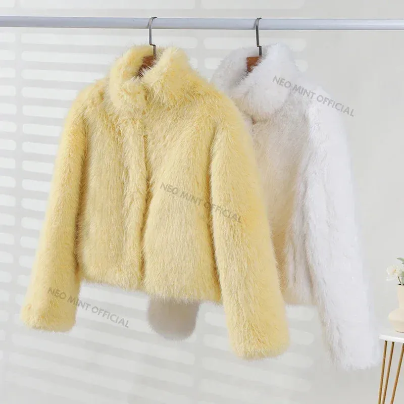 Neo Mint 2024 Winter Women Yellow Faux Fur Jacket Chic Girls Fashion Streetwear Thicken Warm Stand Collar Fox Fur Coat Outerwear