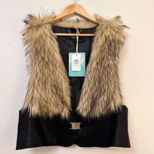 NWT LA Coalition Faux Fur Vest Buckle Closure Black Brown Large