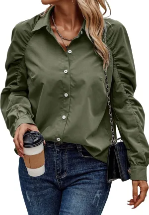 Olive Green Button Down Shirts Ruched Long Sleeve Blouse Top