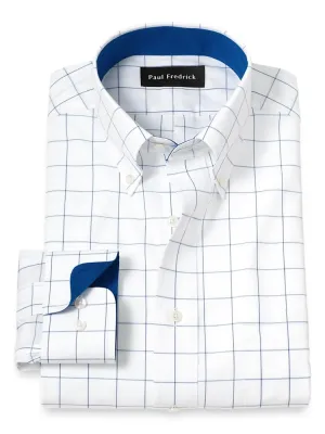 Paul Fredrick Men's Classic Fit Non-Iron Cotton Windowpane Dress Shirt Cobalt 16.5/35 DHU600B