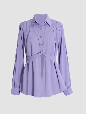 Pinch Pleat Split Shirt Top with Belt