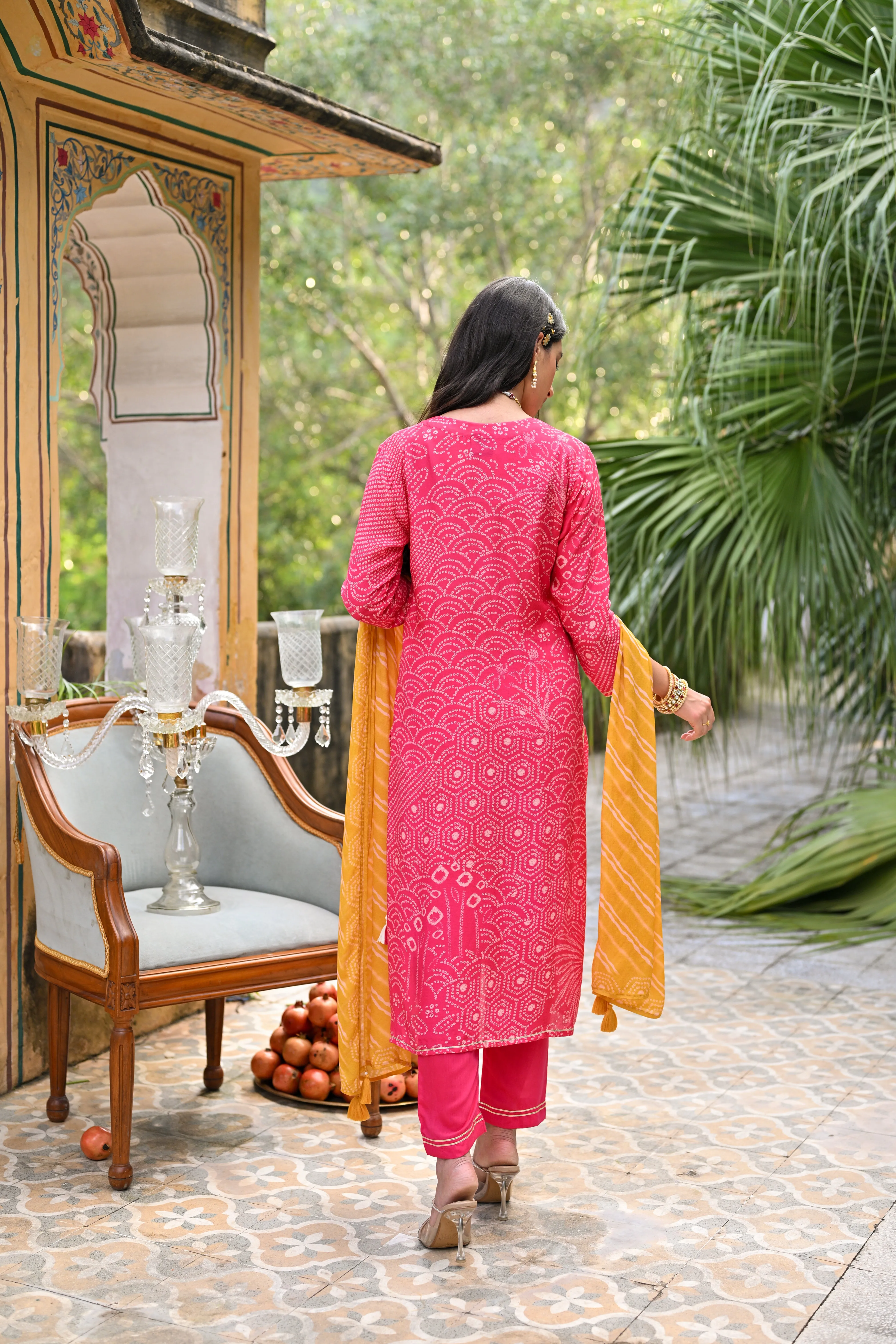 Pink and Yellow Bandhani Utsav Muslin Suit Set with Gota Work