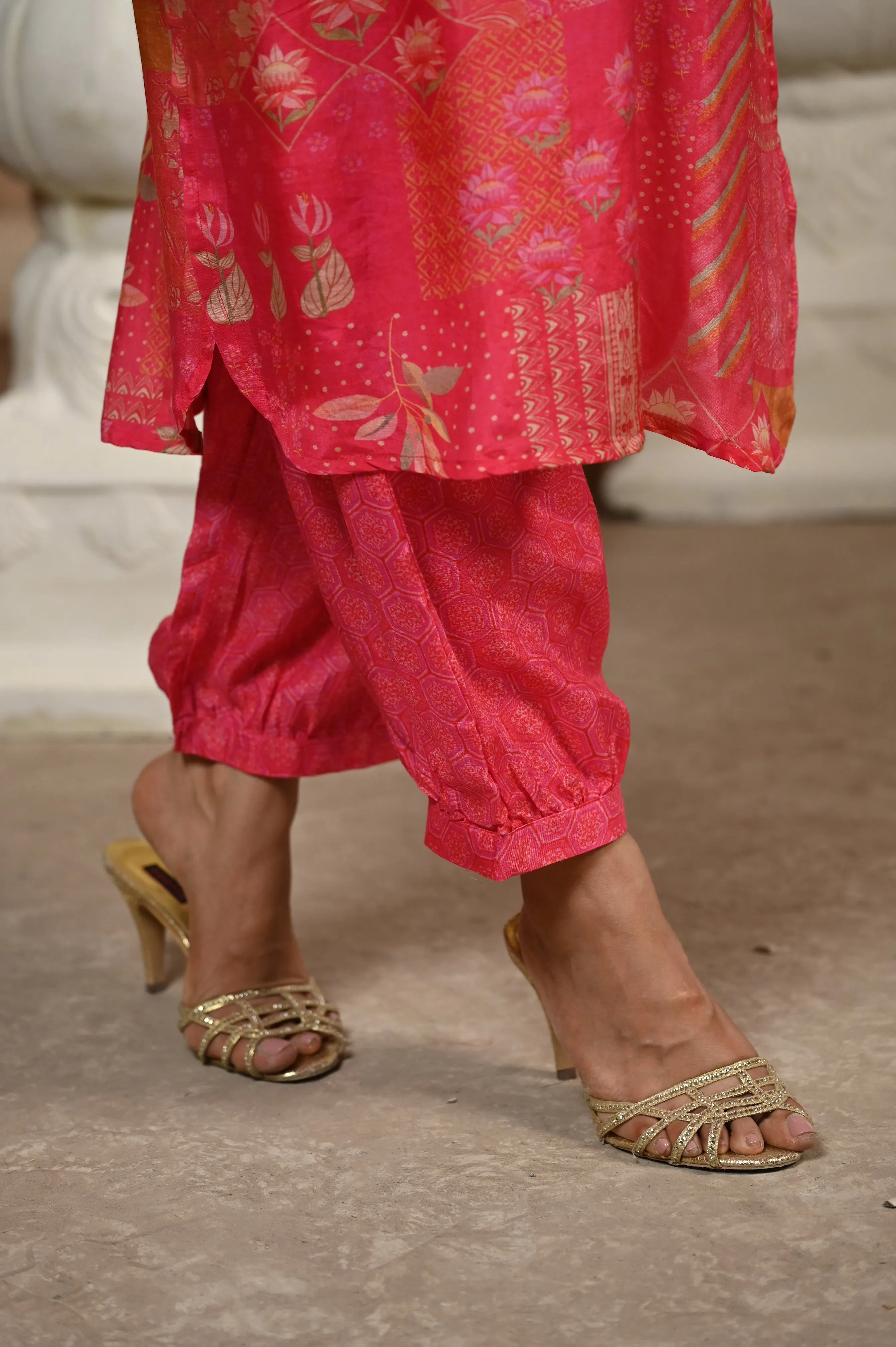 Pink Patch Block Print With Spread Work Kurta and Afghani Pants