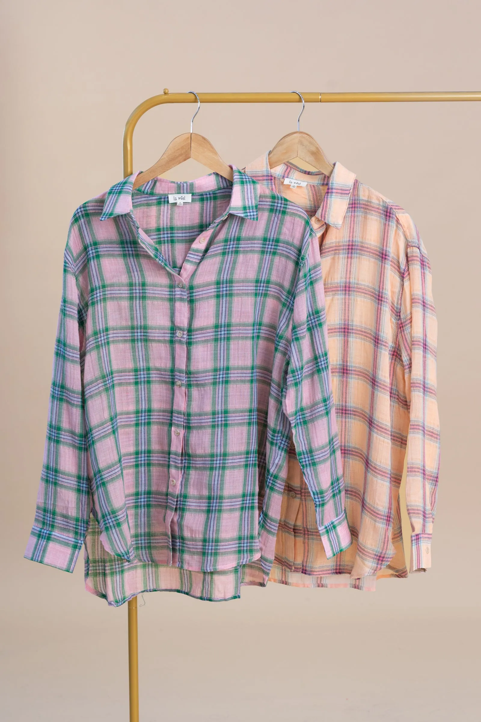 Pink Plaid Print Button Down Shirts