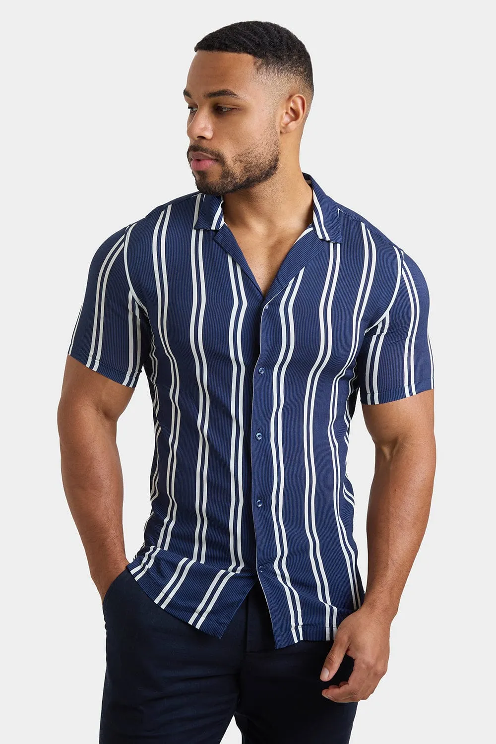 Printed Shirt in Navy Retro Stripe
