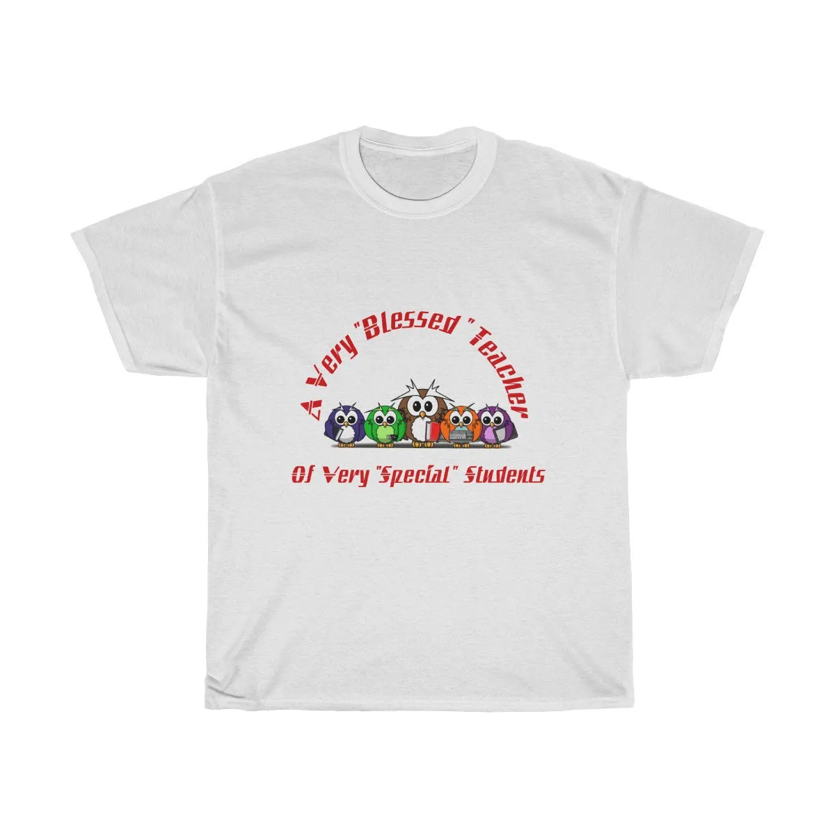 "Blessed Owl Teacher" Red Letters Unisex Heavy Cotton Tee