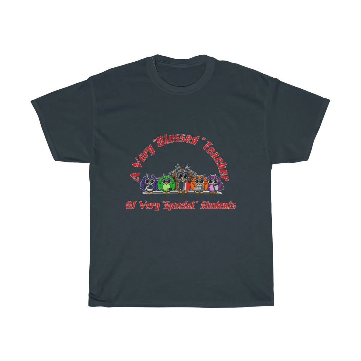 "Blessed Owl Teacher" Red Letters Unisex Heavy Cotton Tee