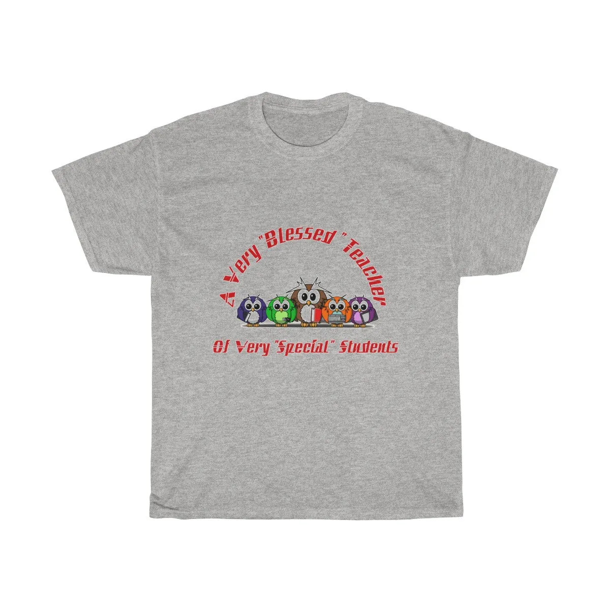 "Blessed Owl Teacher" Red Letters Unisex Heavy Cotton Tee