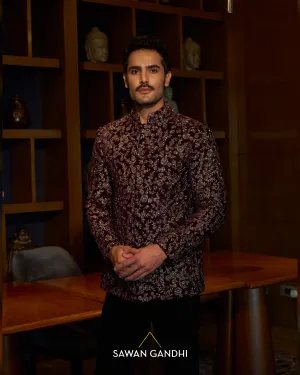 Rasin wine velvet gunmetal work Bandgala