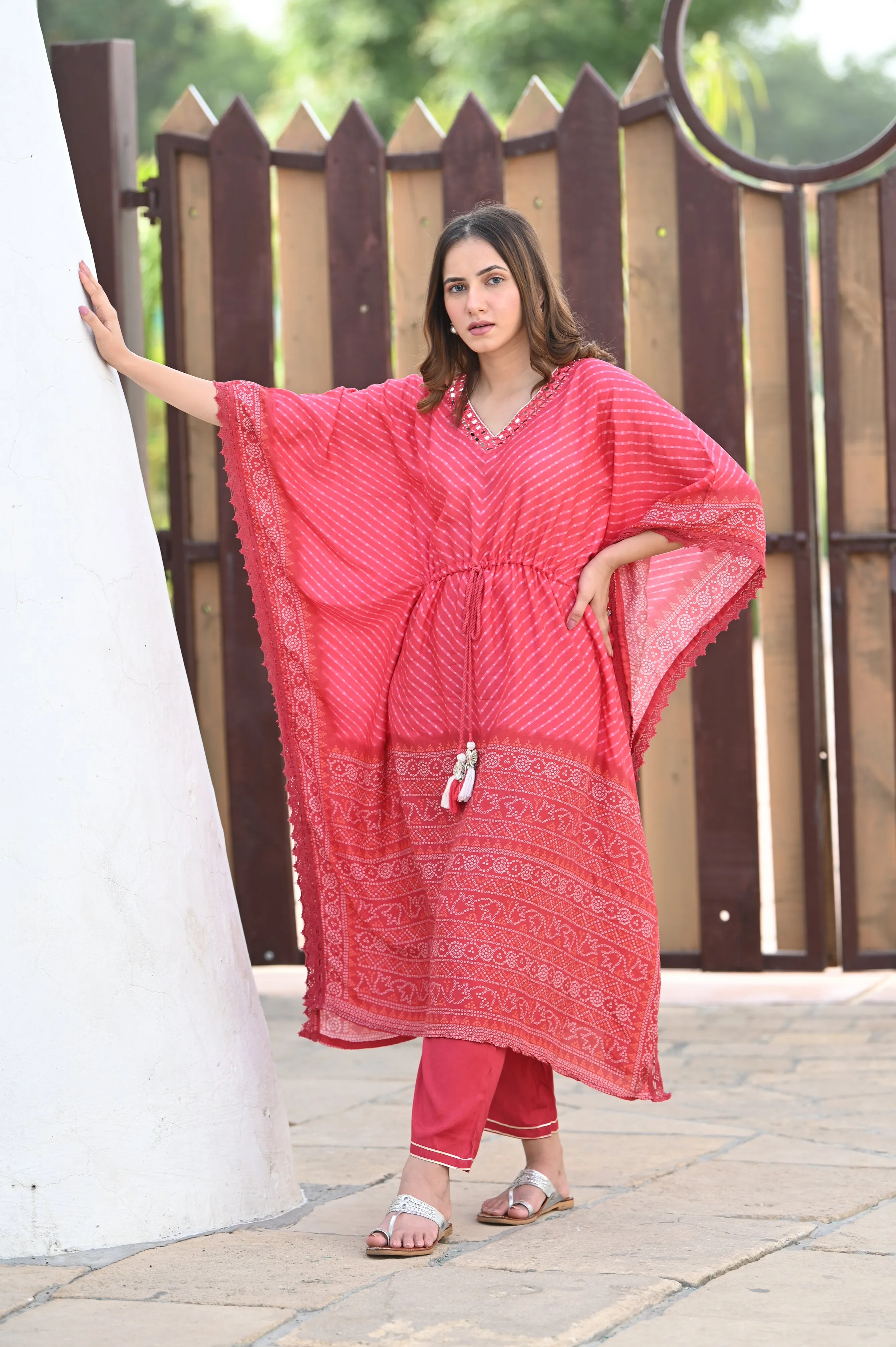 Red Bandhini & Lehriya with Mirror Work Kaftan with Pants
