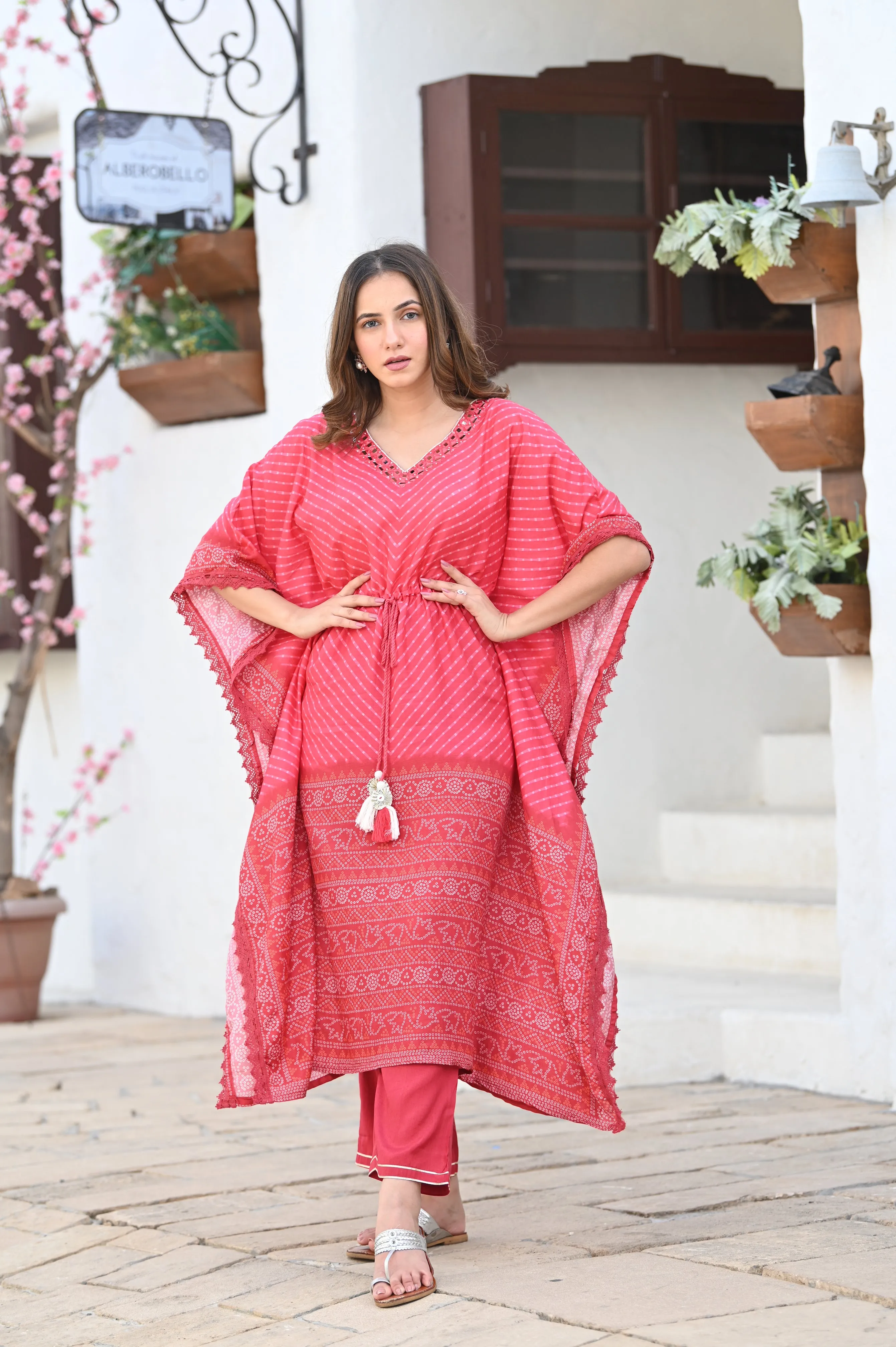Red Bandhini & Lehriya with Mirror Work Kaftan with Pants