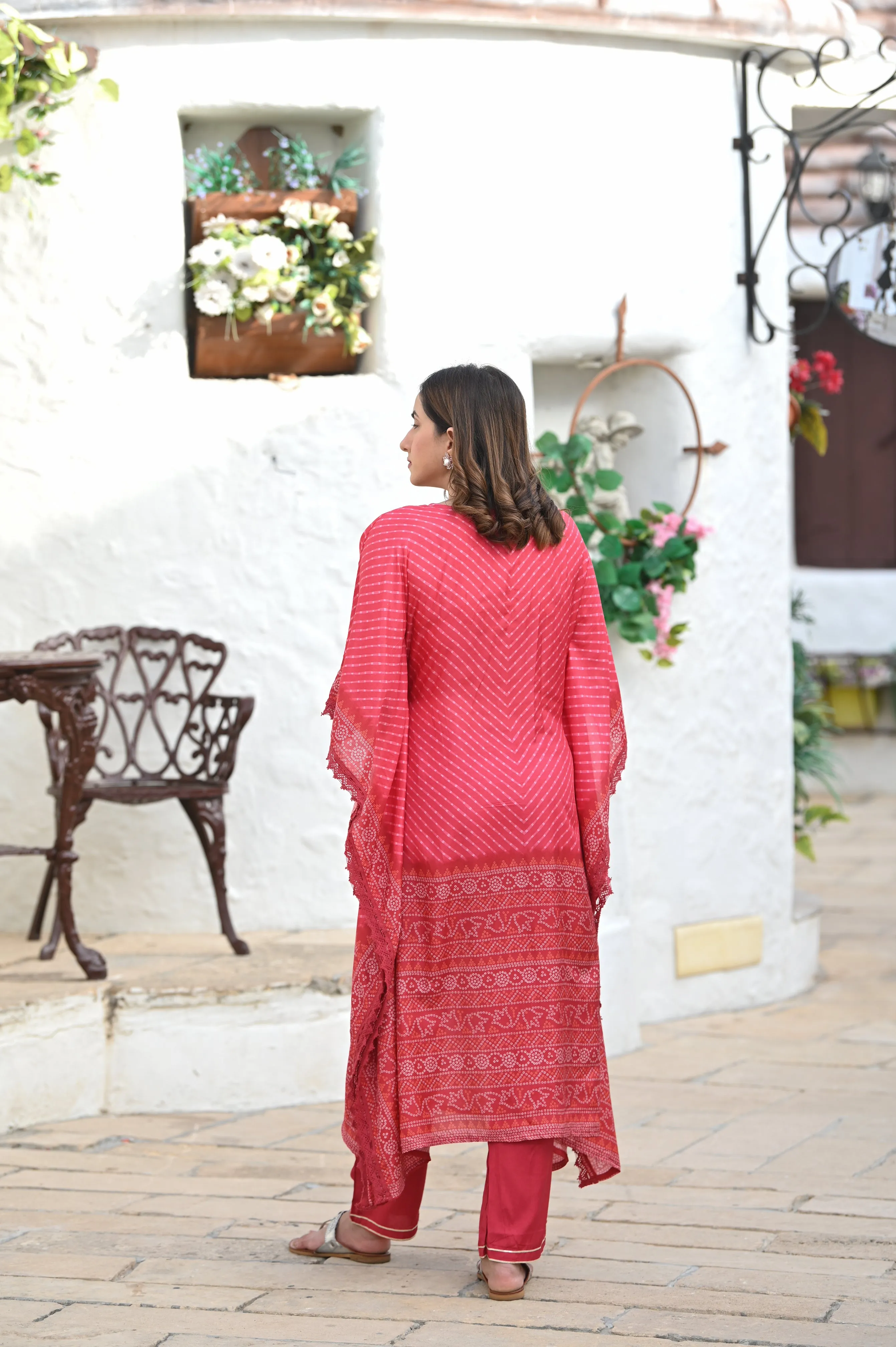 Red Bandhini & Lehriya with Mirror Work Kaftan with Pants