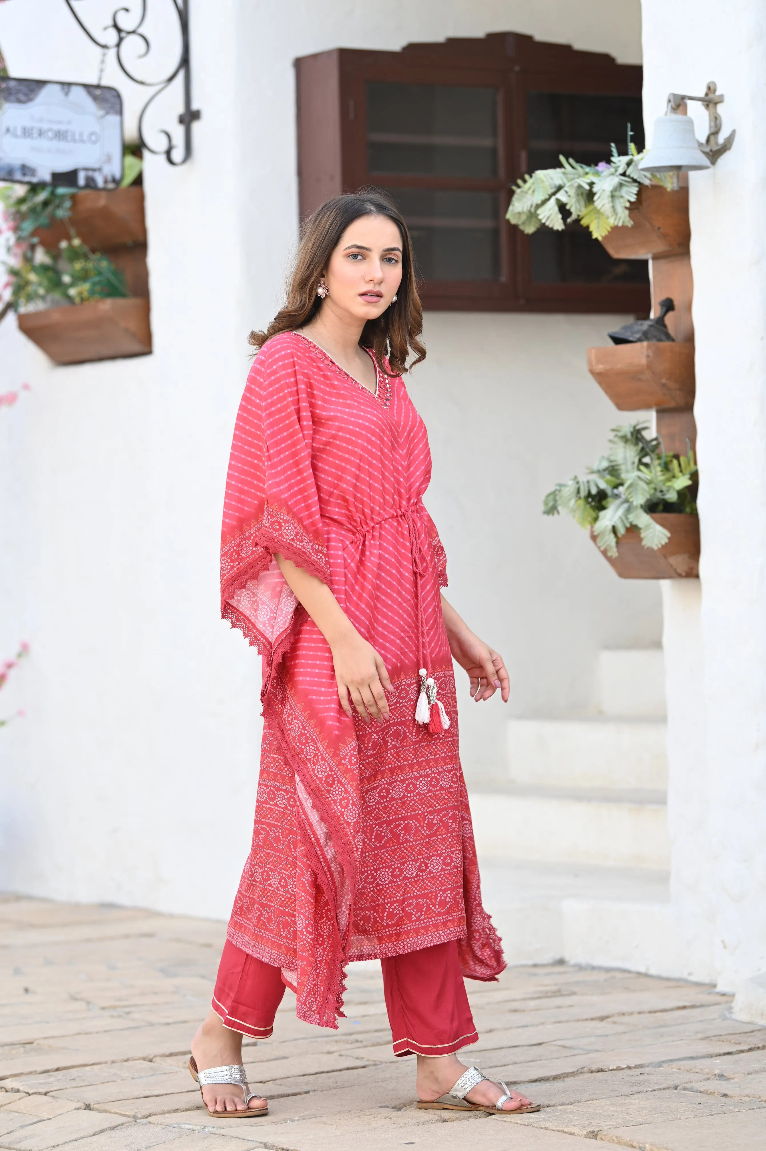Red Bandhini & Lehriya with Mirror Work Kaftan with Pants