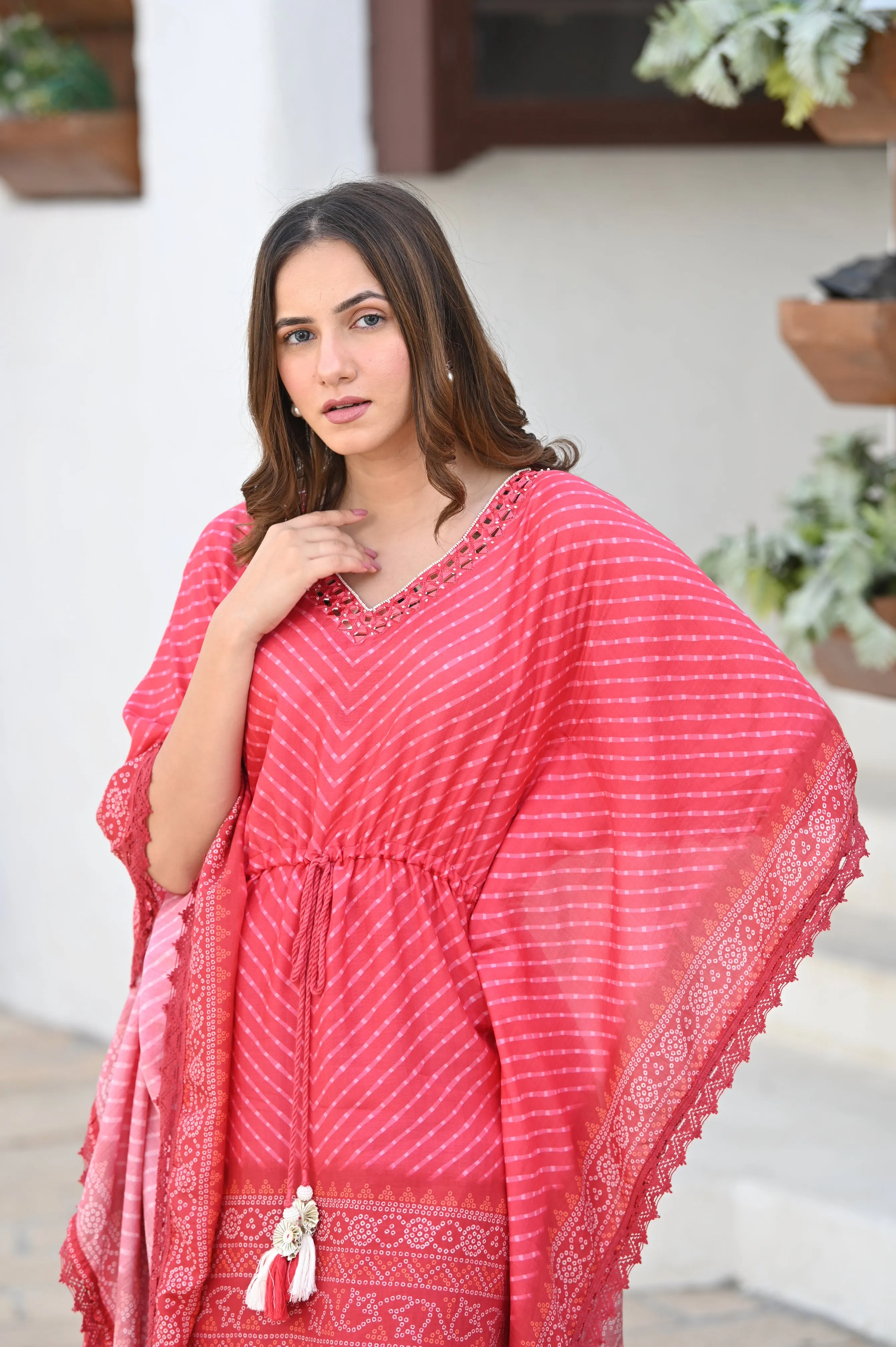 Red Bandhini & Lehriya with Mirror Work Kaftan with Pants