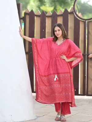 Red Bandhini & Lehriya with Mirror Work Kaftan with Pants