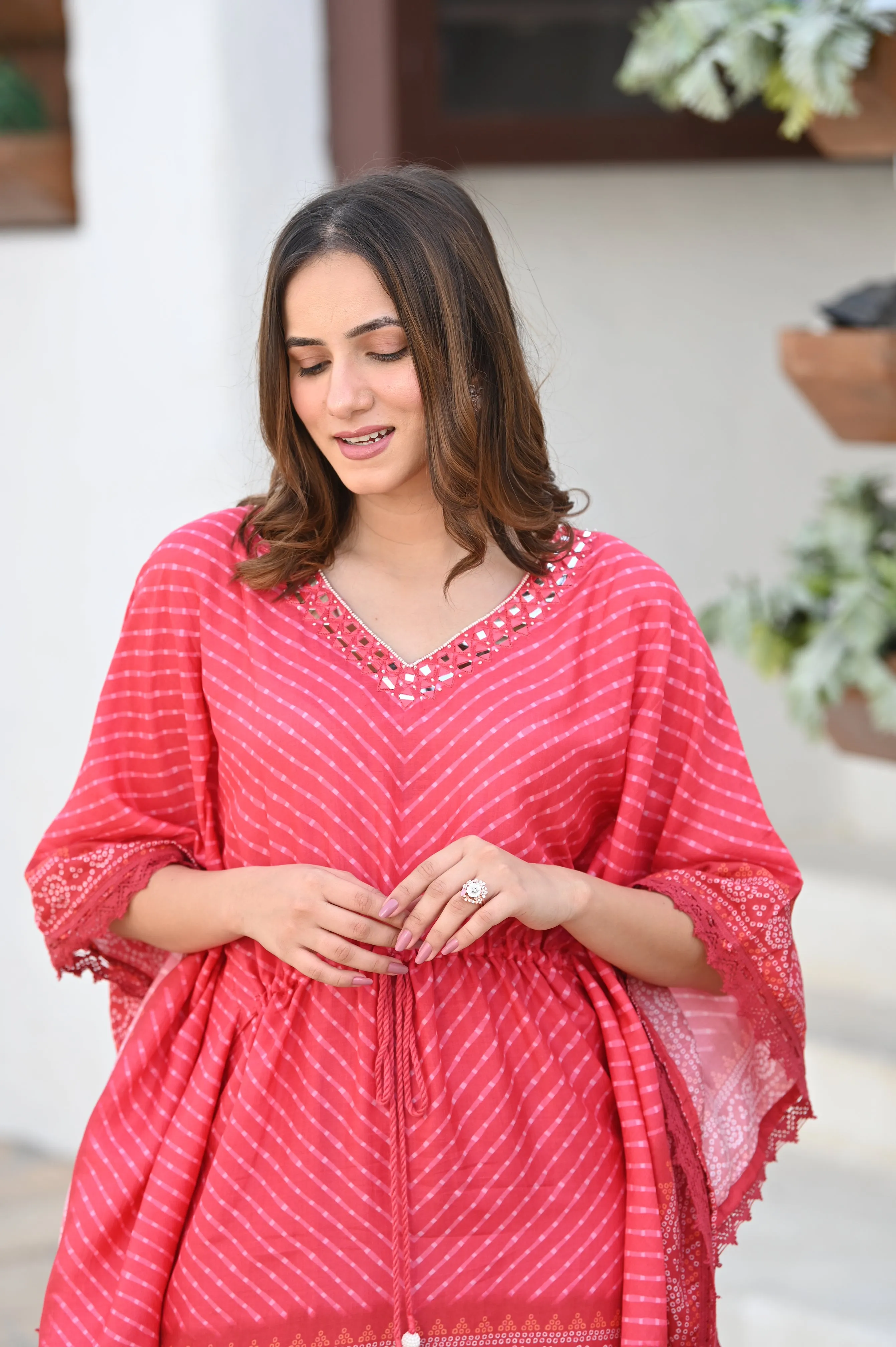 Red Bandhini & Lehriya with Mirror Work Kaftan with Pants
