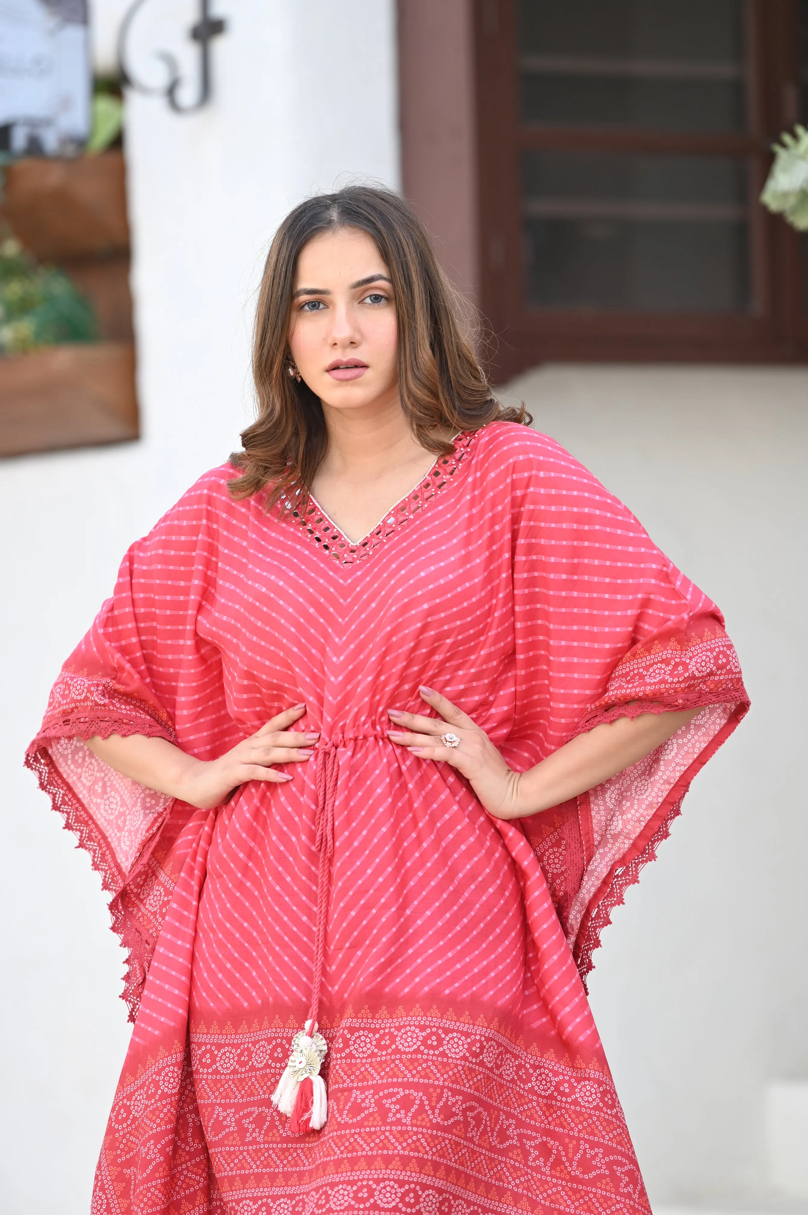 Red Bandhini & Lehriya with Mirror Work Kaftan with Pants