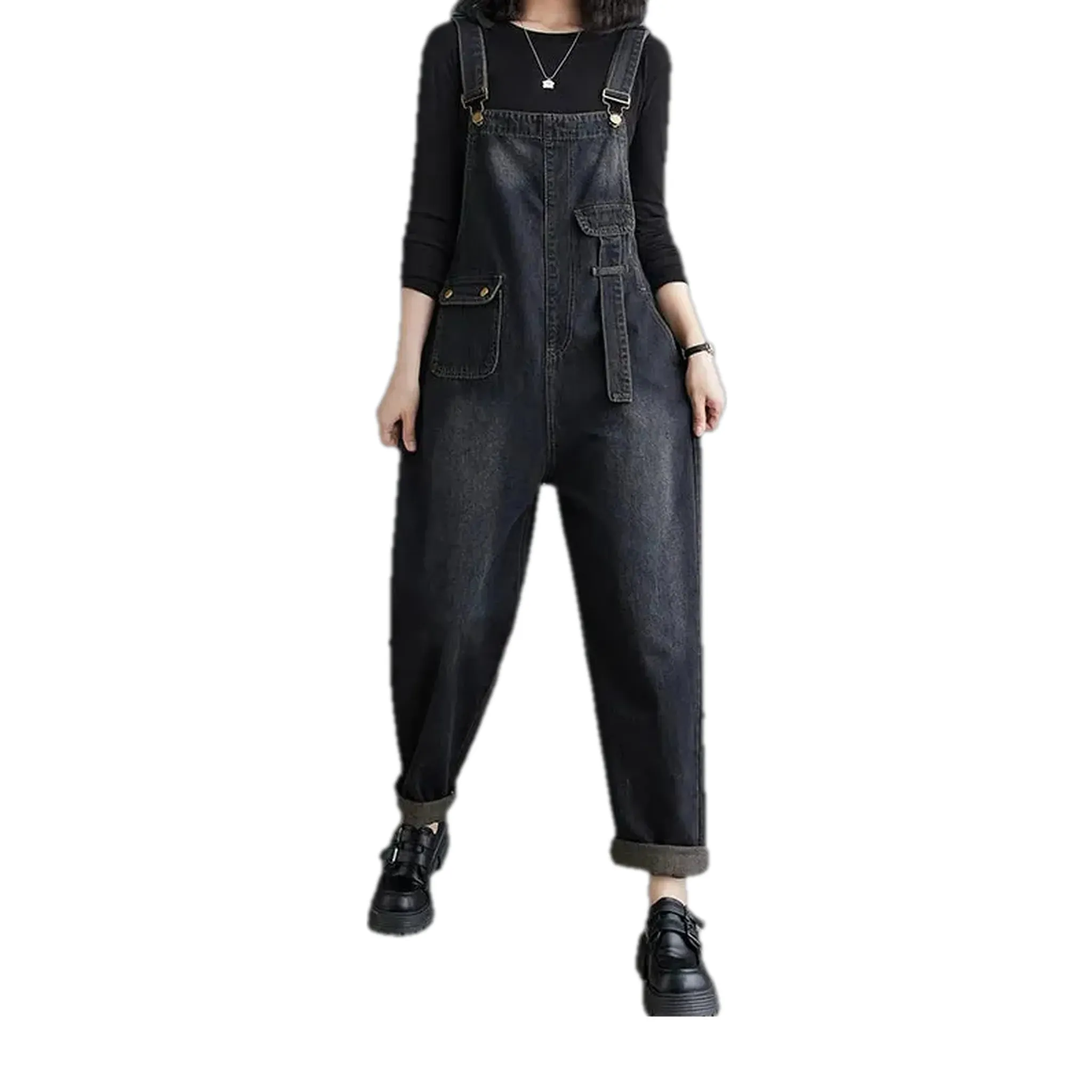 Retro street style cuffed hem women's jean bib