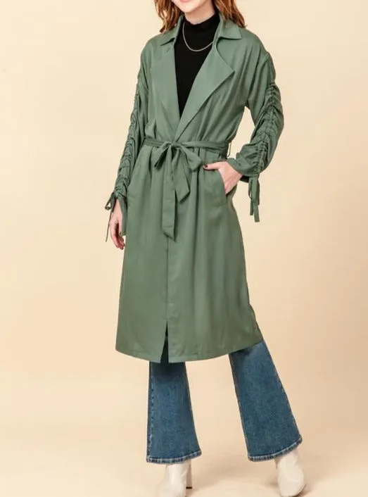 Ruched Tie Sleeve Trench Coat