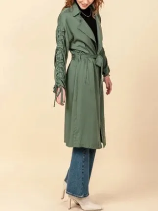 Ruched Tie Sleeve Trench Coat