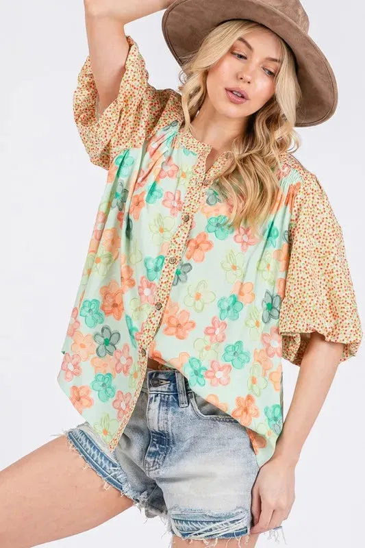 SAGE FIG Button Down Bubble Sleeves Shirt