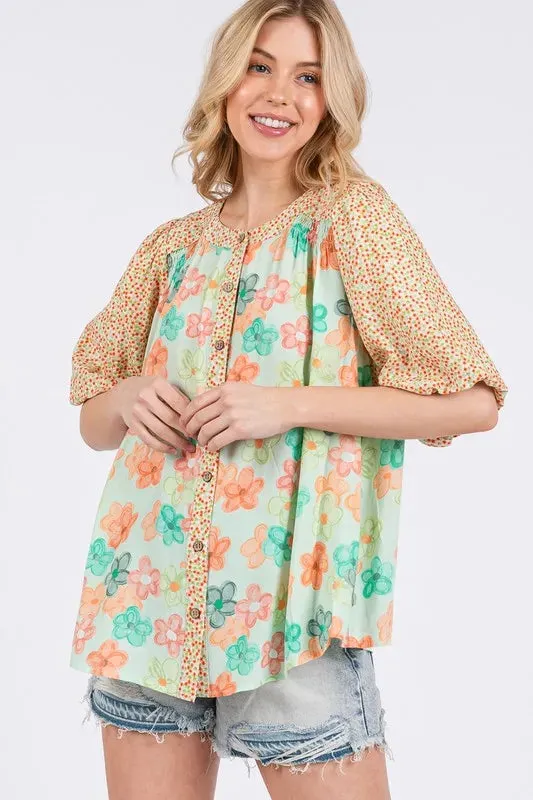 SAGE FIG Button Down Bubble Sleeves Shirt