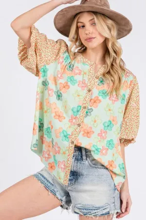 SAGE FIG Button Down Bubble Sleeves Shirt