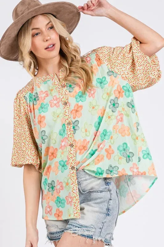 SAGE FIG Button Down Bubble Sleeves Shirt