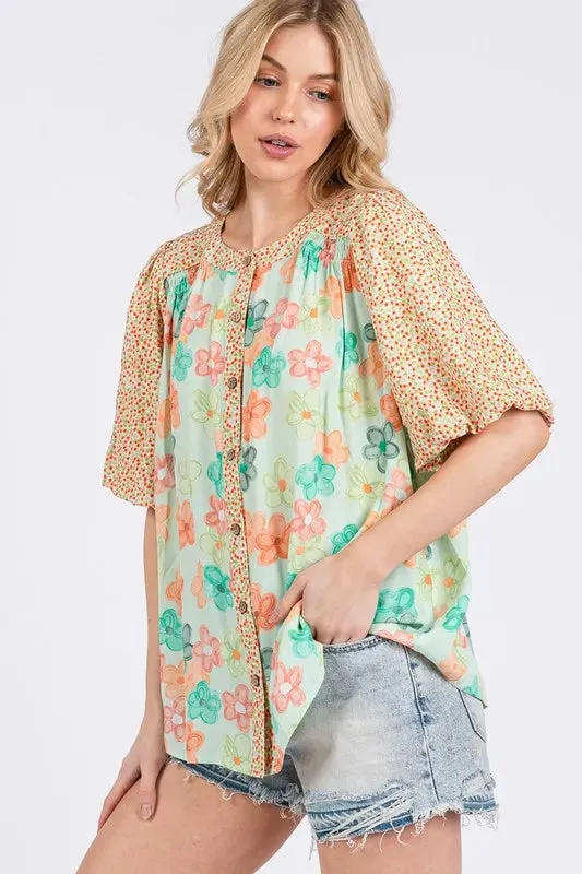 SAGE FIG Button Down Bubble Sleeves Shirt