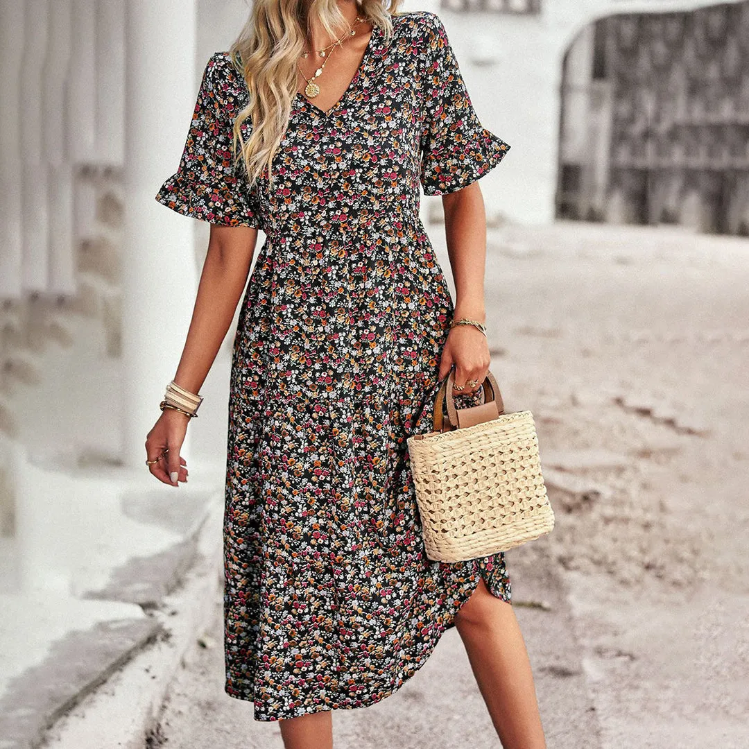 Sapphira | V-Neck Boho Midi Dress
