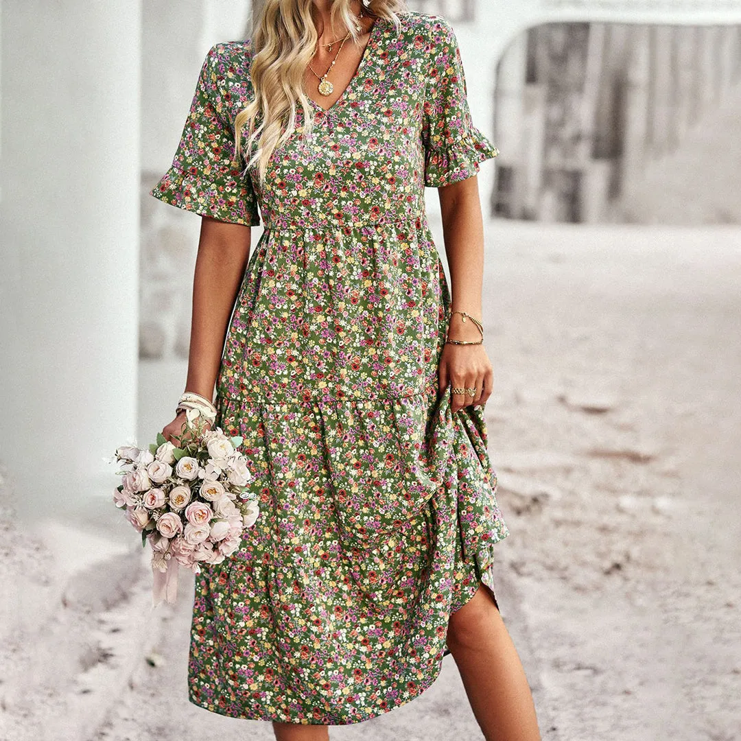 Sapphira | V-Neck Boho Midi Dress
