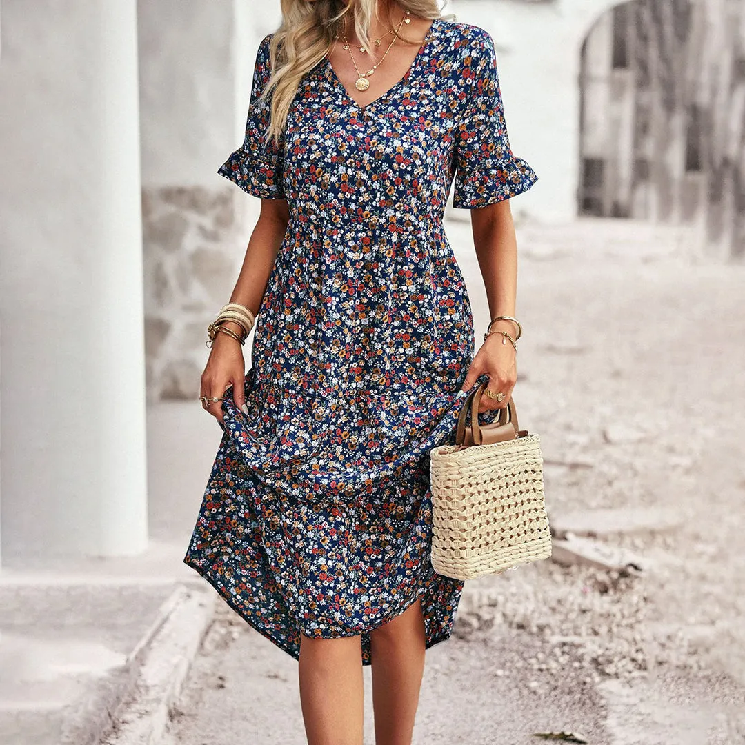 Sapphira | V-Neck Boho Midi Dress