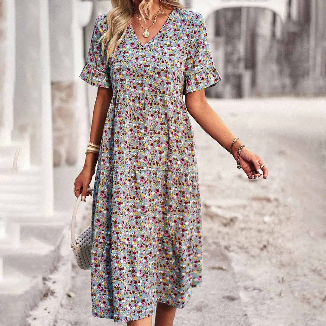 Sapphira | V-Neck Boho Midi Dress