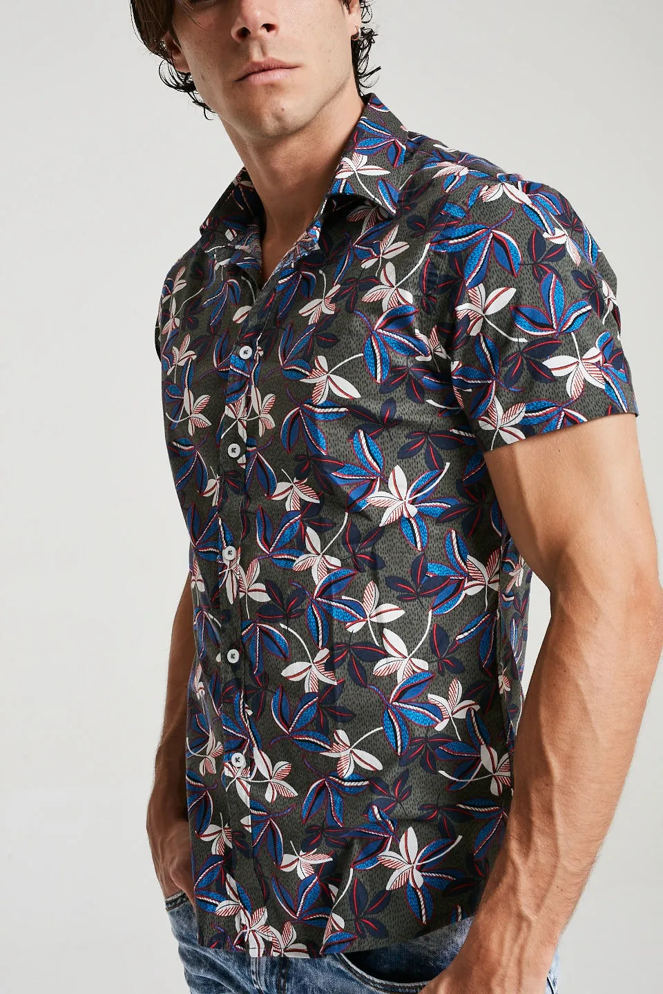 Short Sleeve Floral Print Shirt In Olive