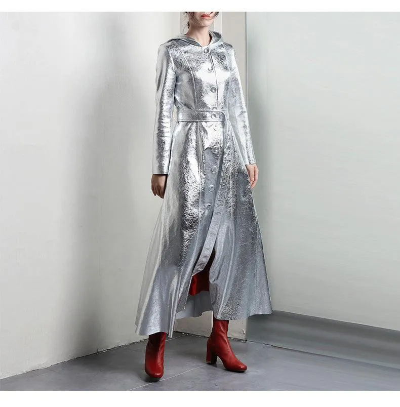 Silver Reflective PU Leather Trench Coat with Hood, Extra Long