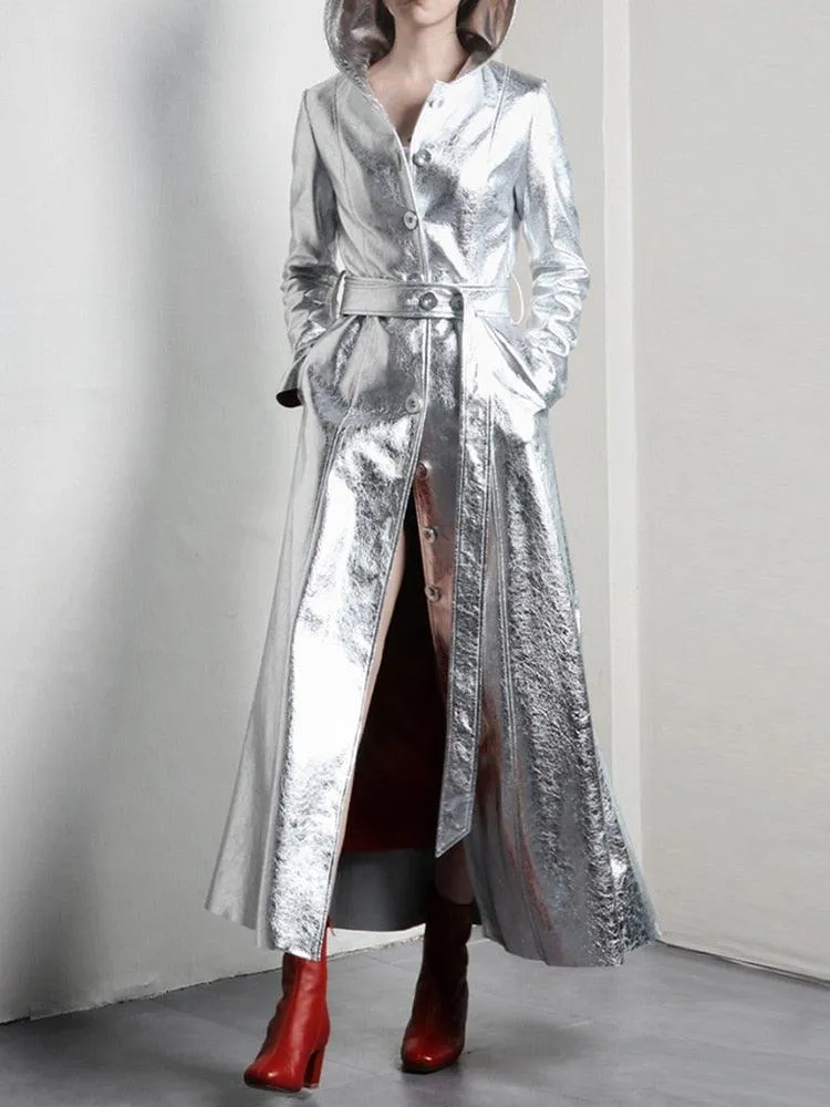 Silver Reflective PU Leather Trench Coat with Hood, Extra Long