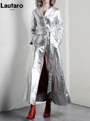 Silver Reflective PU Leather Trench Coat with Hood, Extra Long
