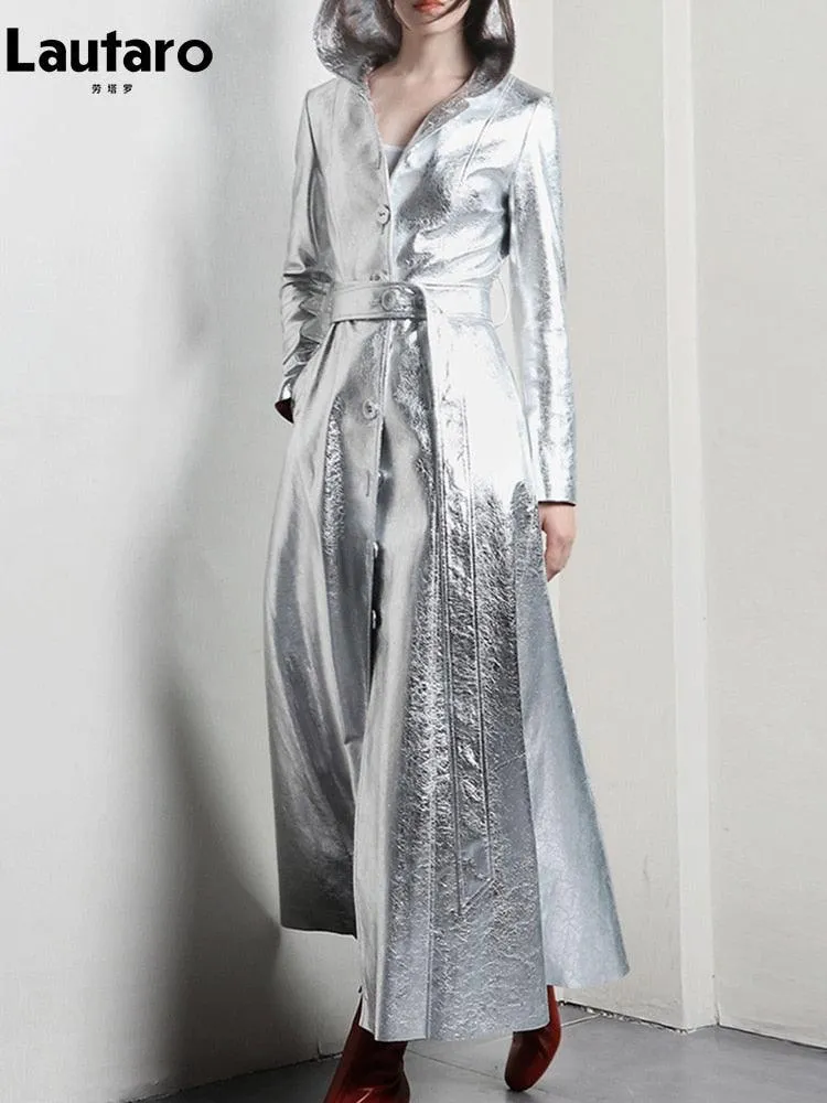 Silver Reflective PU Leather Trench Coat with Hood, Extra Long