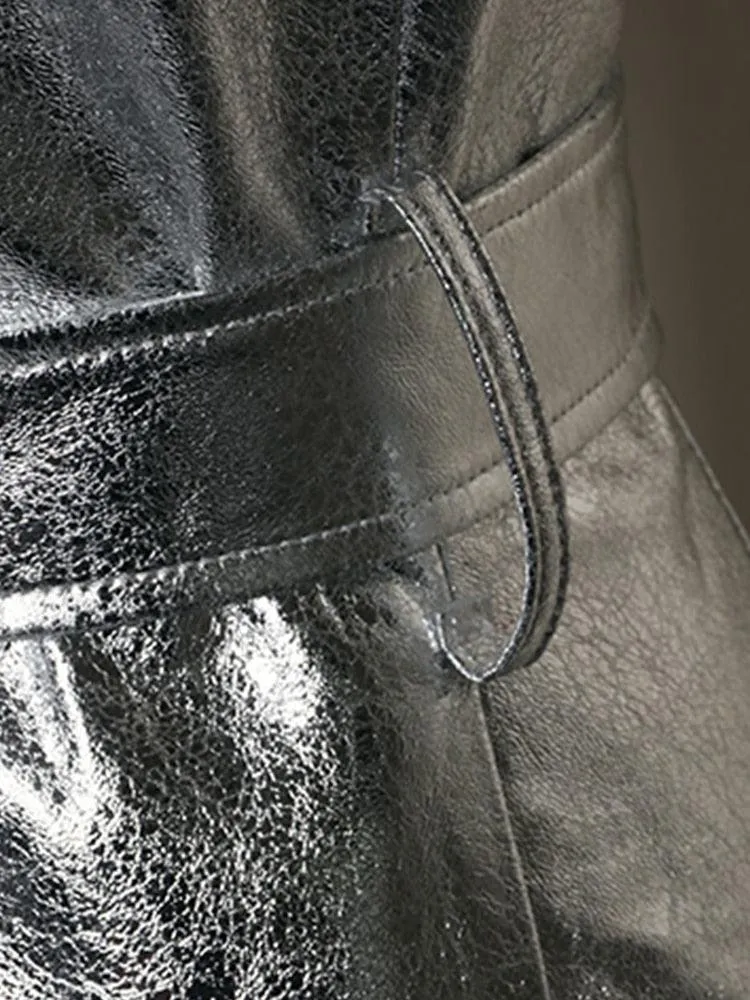 Silver Reflective PU Leather Trench Coat with Hood, Extra Long